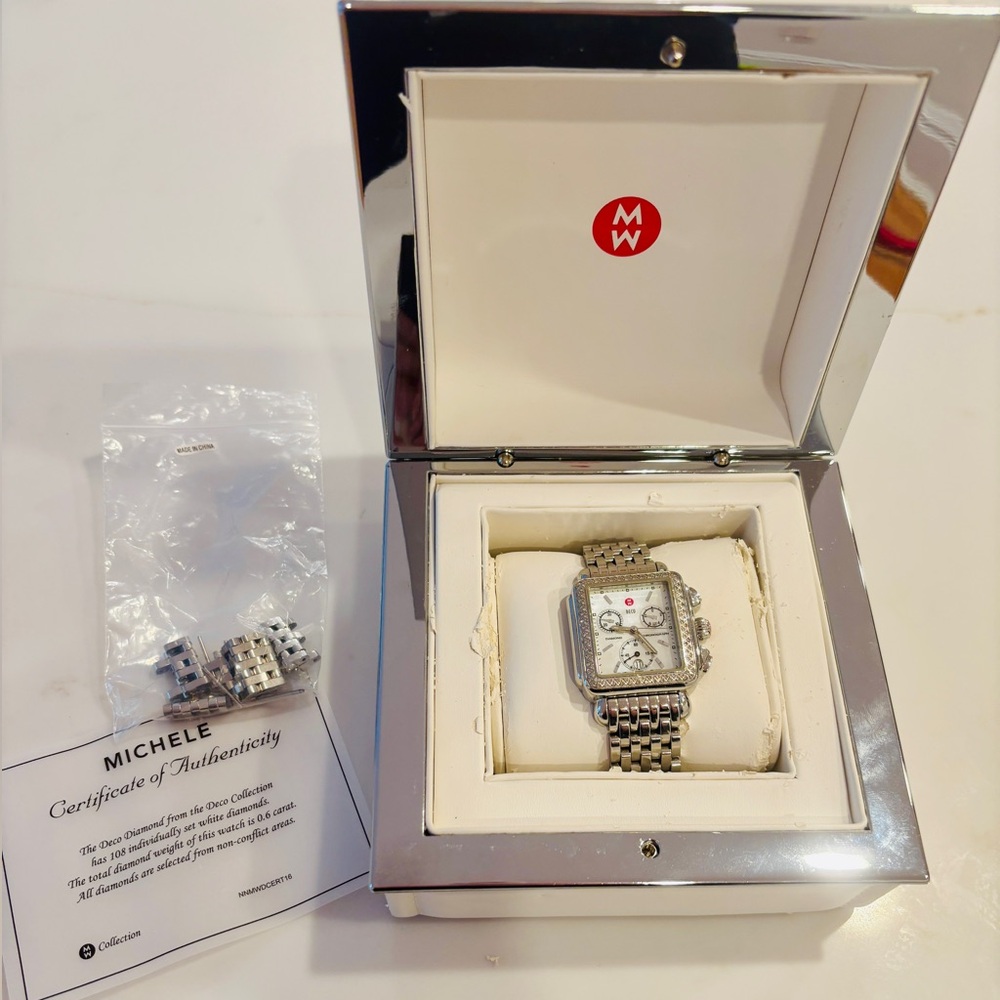 Michele Diamond Deco 33mm Stainless Steel Watch